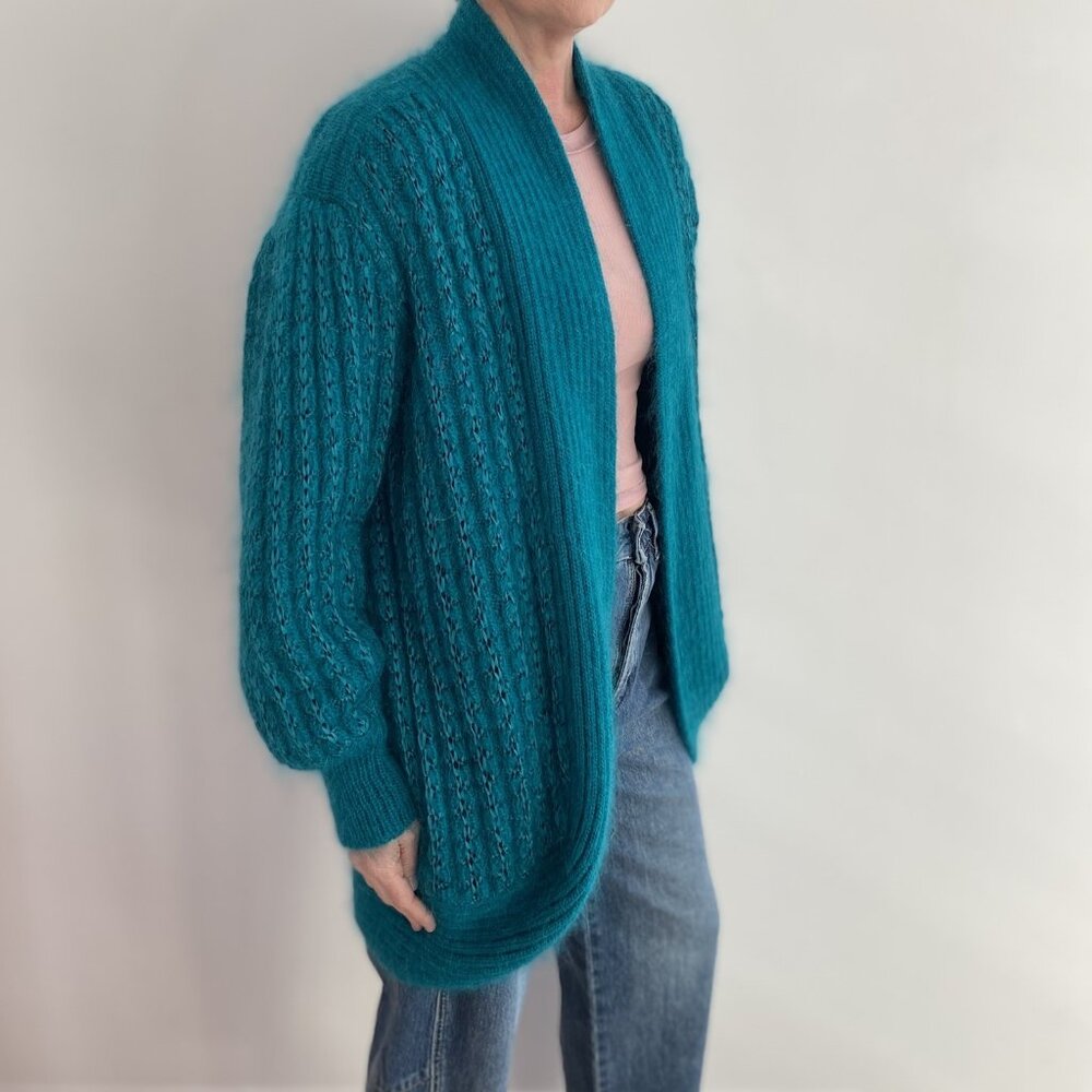 Vintage Turquoise Mohair Cardigan – Ribbon Woven Open Knit, Satin Lined – M/L